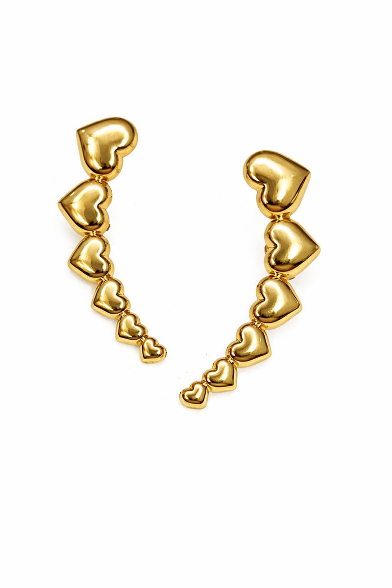 Brinco Ear Cuff Cinco Corações Dourados Aço Inox Feminino