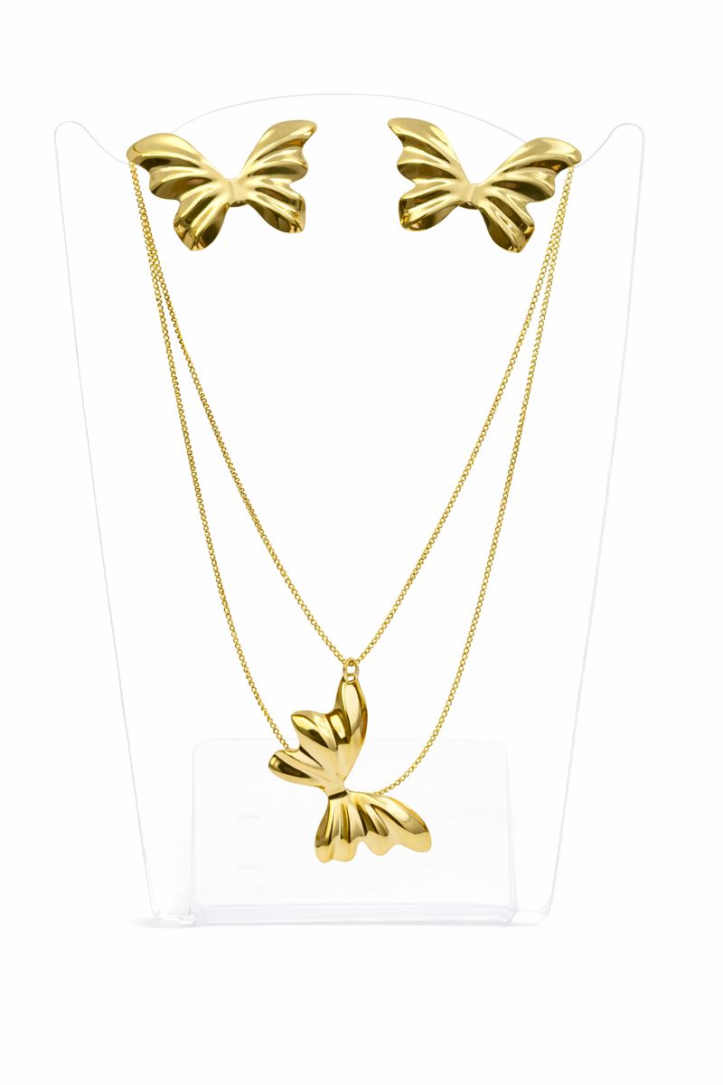 Conjunto Orgânico Borboleta - cordão com pingente e par de brincos Banhado a Ouro 18K Feminino