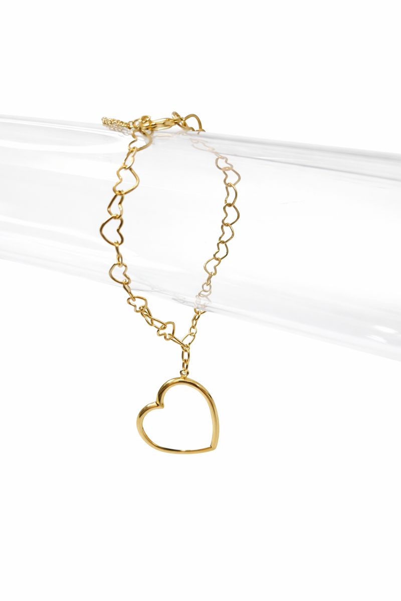 Pulseira Elos com Pingente Coração Vazado Feminino - Semijoia Banhada a Ouro 18K